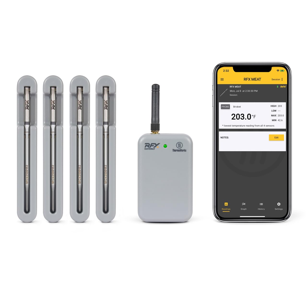 RFX | Smart Wireless Meat Thermometer | Wi-Fi & Radio Frequency | Stronger Signal Than Bluetooth | Meat Probe for Use in Smoker, Grill, BBQ, Oven - 4-Probe Kit