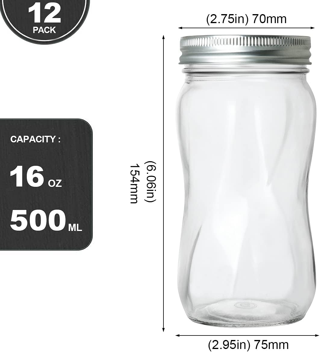 KAMOTA Mason Jars 16 OZ With Regular Lids and Bands, Ideal for Meal Prep, Jam, Honey, Wedding Favors, Shower Favors, DIY Spice Jars, 12 PACK, 20 Whiteboard Labels Included