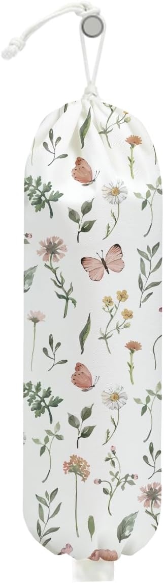 Boho Floral Plastic Bag Holder, Wall Mount Trash Bag Holder, Rustic Butterfly Large Reusable Grocery Bags Storage Dispenser for Home Kitchen Pantry Farmhouse, Flower Gifts for Women, 22.5x9 Inch