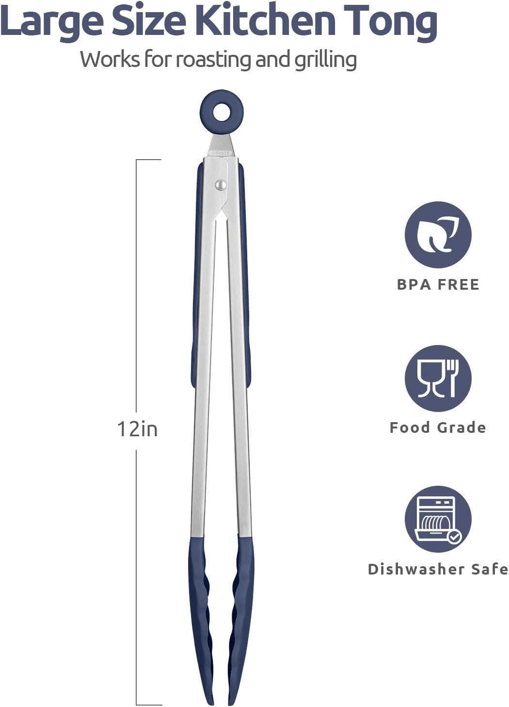 600ºF Heat Resistant Kitchen Tongs: U-Taste 12 inch Large Silicone Cooking Tong with Non Stick Rubber Tips & Silicon Coated 18/8 Stainless Steel Handle & Smooth Lock for Serving Grill (Midnight Blue)