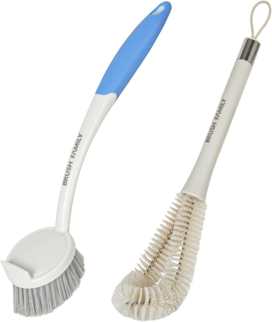 2 Pack Dish Brush Set with Dish Brush with Handle and 2-in-1 Water Bottle Brush with Removable Straw Brush for Bottles Cups, Dish Scrub Brush with Scraper Tip for Dishwashing Pans Pot Sink