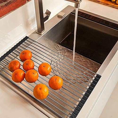 Ahyuan Roll up Dish Drying Rack Over The Sink Kitchen Roll up Sink Drying Rack Stainless Still Portable Drainer Foldable Dish Rack (Black, 17.8''X11.8'')