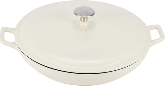 Amazon Basics Enameled Cast Iron Covered Round Casserole Skillet with Lid for Oven, 3.3-Quart, White