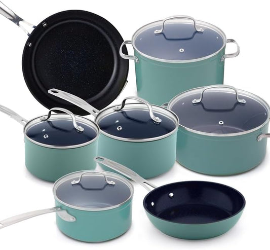Nuwave 12pc Forged Lightweight Cookware Set, G10 Healthy Duralon Ceramic Ultra Non-Stick Coating, Vented Tempered Glass Lids, Stay-Cool Handles, Induction-Ready & Works on All Cooktops, PFAS Free