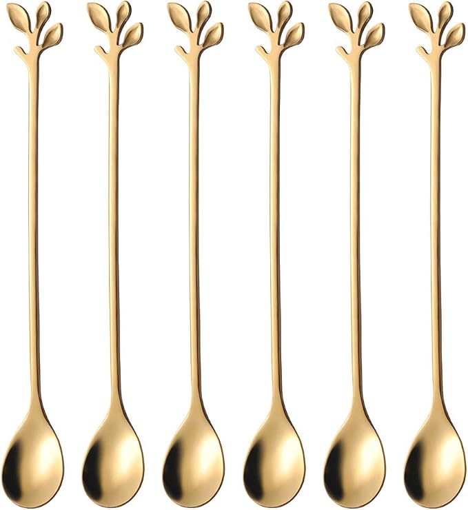 AnSaw 6-Piece Elegant Gold Leaf Long Handle Teaspoons by AnSaw