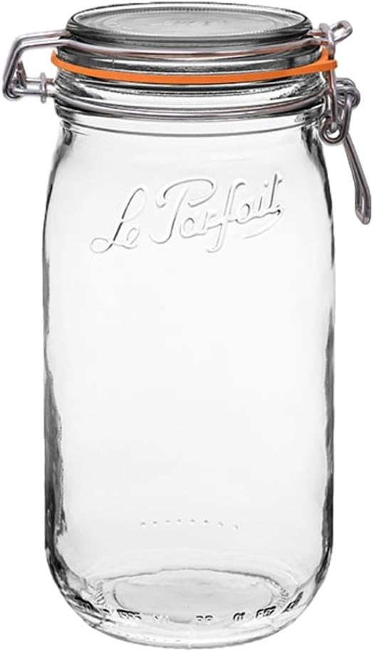 Le Parfait Super Jar - 1.5L French Glass Canning Jars w/Round Body, Wide Mouth, Airtight Lid - Clear Glass (48oz/Quart & Half, 3pk)