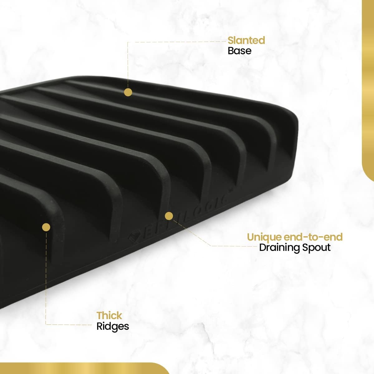 Effilogic Silicone Sponge Holder – Self-Draining Kitchen Sink Organizer, Quick Dry Mat and Counter Protector – Dishwashing Accessories for Sponges, Brushes, and Soap - Medium Black