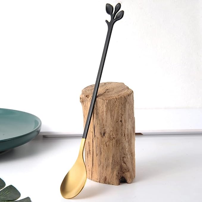 AnSaw 6-Piece Elegant Black & Gold Leaf Long Handle Teaspoons - Image 3