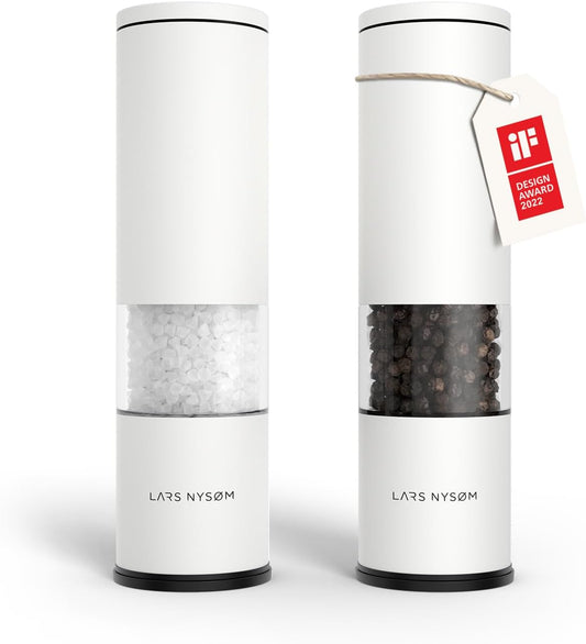 LARS NYSØM Salt and Pepper Grinder Set Manual, Stainless Steel Salt and Pepper Mills with Adjustable Ceramic Grinder I Design Spice Shakers (Pure White)