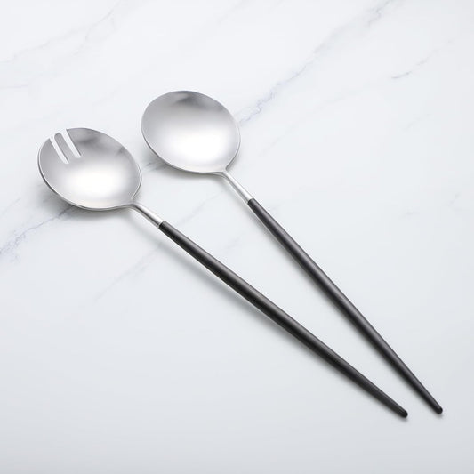Salad Servers,Spoon and Fork Set 11.41 inch,18/10 Stainless Steel Salad Serving Titanium Plating (black silver)