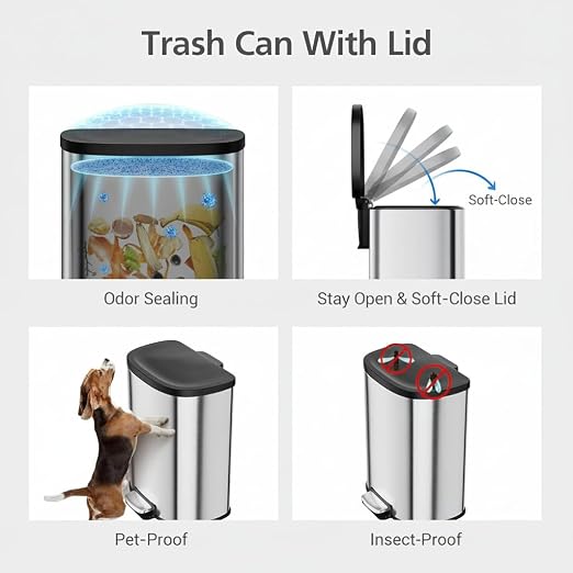 Garvee Stainless Steel Trash Can, 50 L/13 gal Hands Free Garbage Can - Image 7