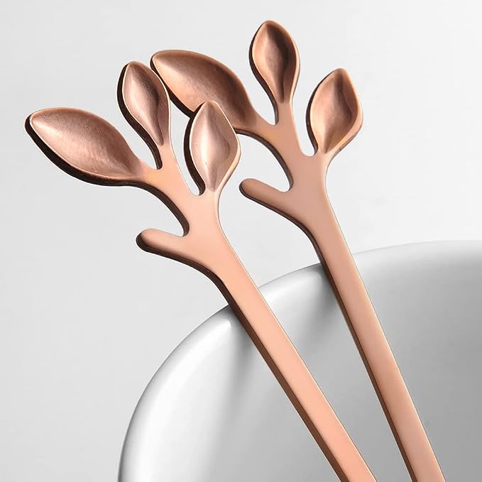 AnSaw 6-Piece Elegant Rose Gold Leaf Long Handle Teaspoons - Image 7