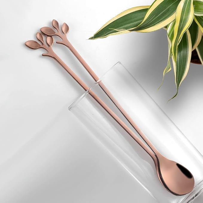 AnSaw 6-Piece Elegant Rose Gold Leaf Long Handle Teaspoons - Image 4
