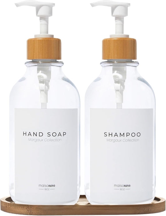 Maisonovo Plastic Soap Dispenser Set | Hand Soap and Dish Soap Dispenser Set | 16.9oz Amber Bottles with Black Bamboo Pump | Bathroom Lotion Dispenser with Pump Set of 2