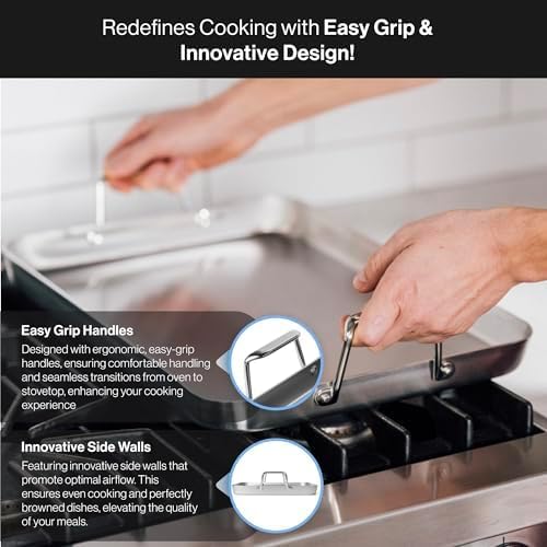 Misen Stainless Steel Roasting Pan with Handles - Versatile 5-Ply Design, Easy Grip Handles, Multi-Functional Cooking, Ideal for Baking, Searing, & Roasting, Superior Heat Conduction, Premium - 13"