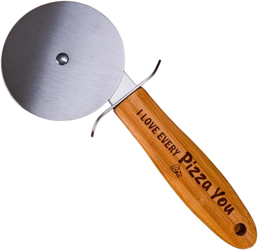 Pizza Cutter Wheel with Sharp Blade - Gifts for Men, Women, Gift for Husband, Birthday & Christmas Gift - Wooden Pizza Wheel Cutter (I Love Every Pizza You)