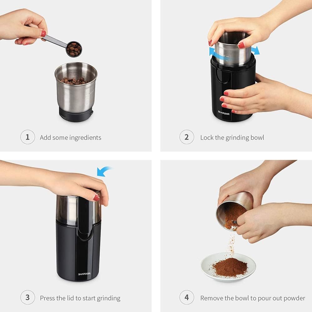 SHARDOR Coffee Grinder Electric, Spice, Herb, Grinder for Coffee Bean Spices and Seeds with 2 Removable Stainless Steel Bowls, Black
