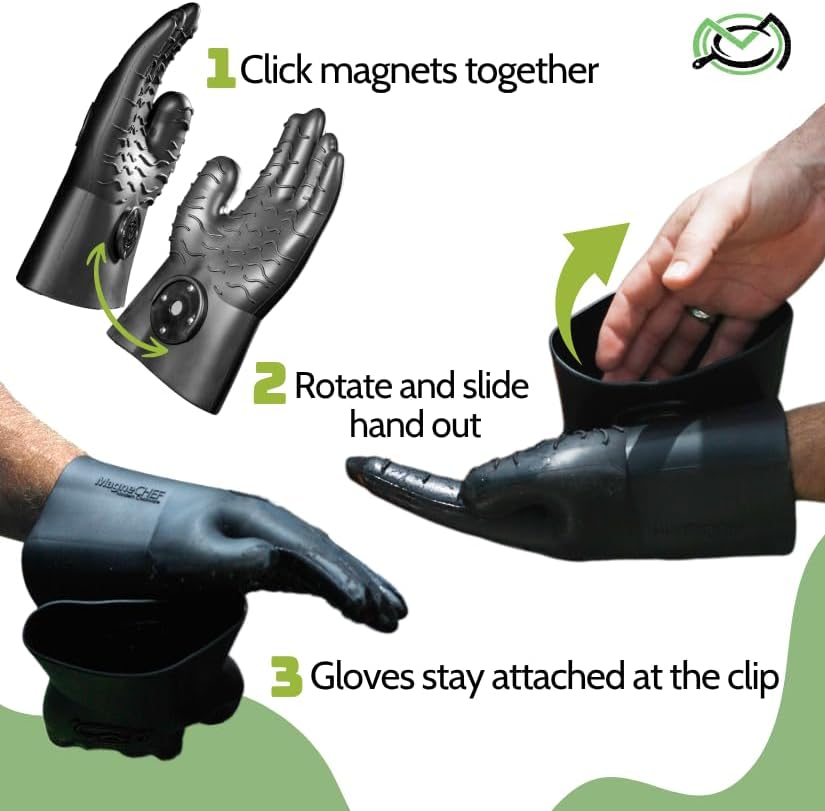 Magnetic BBQ Grill Gloves – Heat Resistant, Patented Magnetic Safety Clip Easy On & Off, Firefighter-Designed, Dishwasher-Safe, Waterproof, Perfect for Grilling, Smoking, Frying, Baking