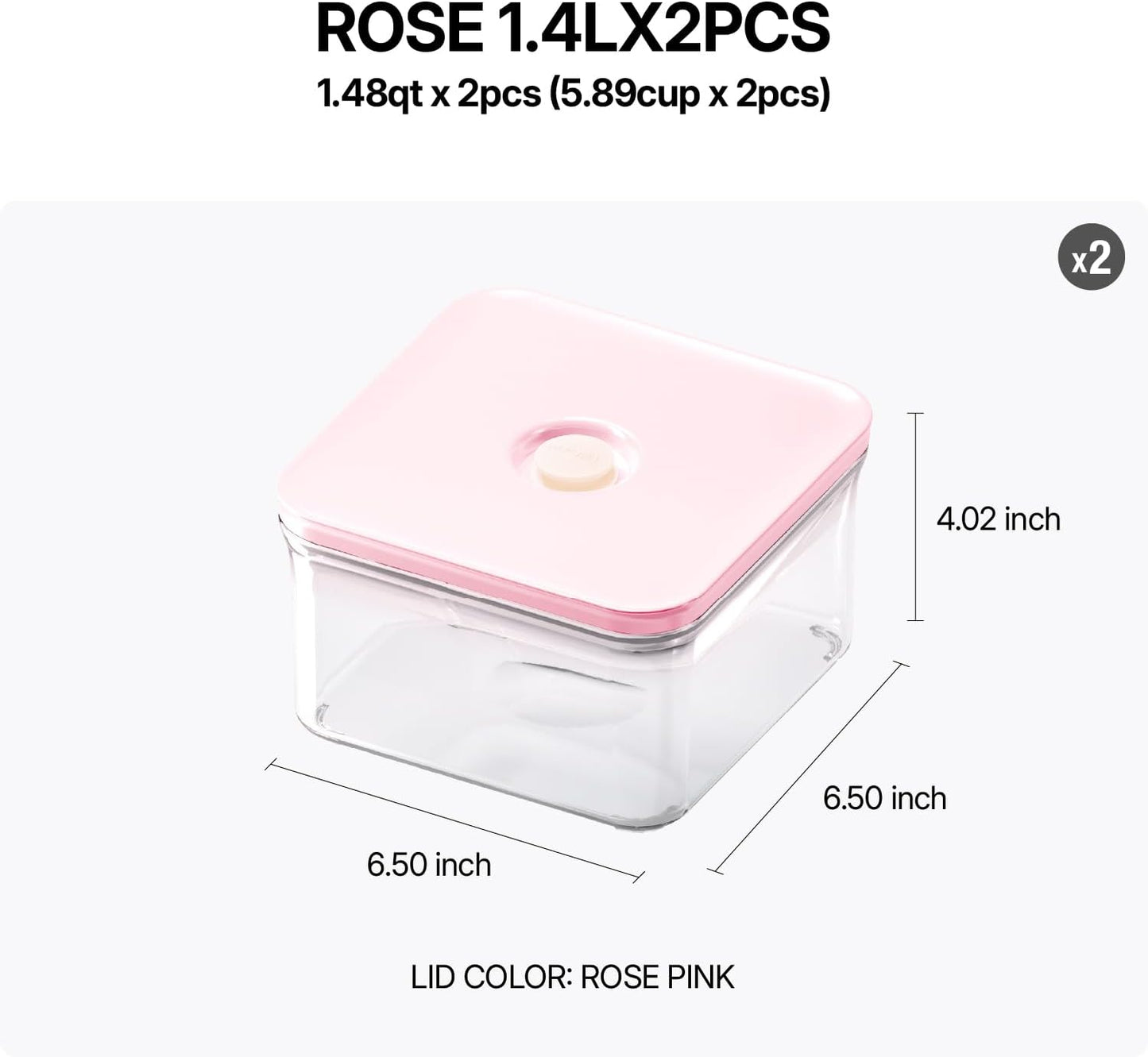 Premium Airtight Food Storage Containers ROSE Square 1.48qt 2P/SET, Patented Double Silicone Lining, 100% Leak Proof, BPA-FREE