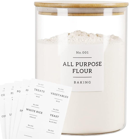 Large Glass Storage Jars With Airtight Bamboo Lid - 100 Fl Oz Thicken Kitchen Glass Food Storage Canister With 42 Pantry Labels - Big Clear Flour And Sugar Containers Farmhouse