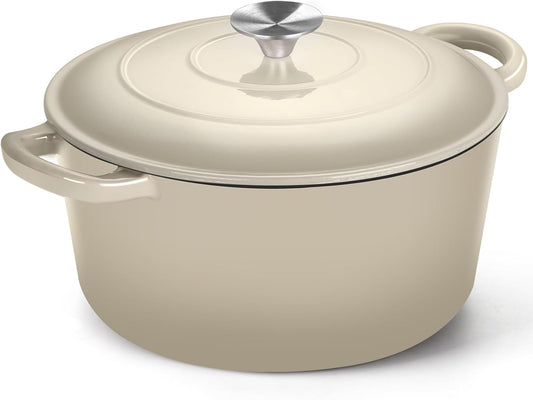 P&P CHEF 6QT Enameled Dutch Oven, Cast Iron Dutch Oven Pot with Lid for Bread Baking, Enameled Casserole Pot for Roasting Braising Stewing Frying Simmering, Various Stoves & Easy Clean, Khaki