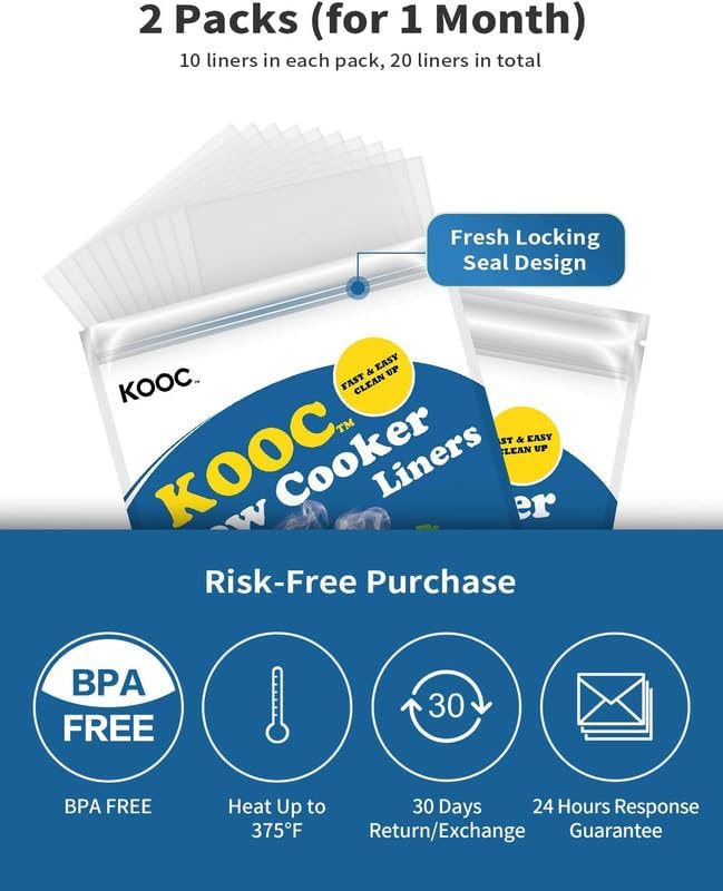 KOOC Slow Cooker Liners 14"x22" 20 Count Extra Large Size Disposable Pot Liners Cooking Bags Fit 6 qt to 10 qt Pot BPA Free Fresh Locking Seal Design