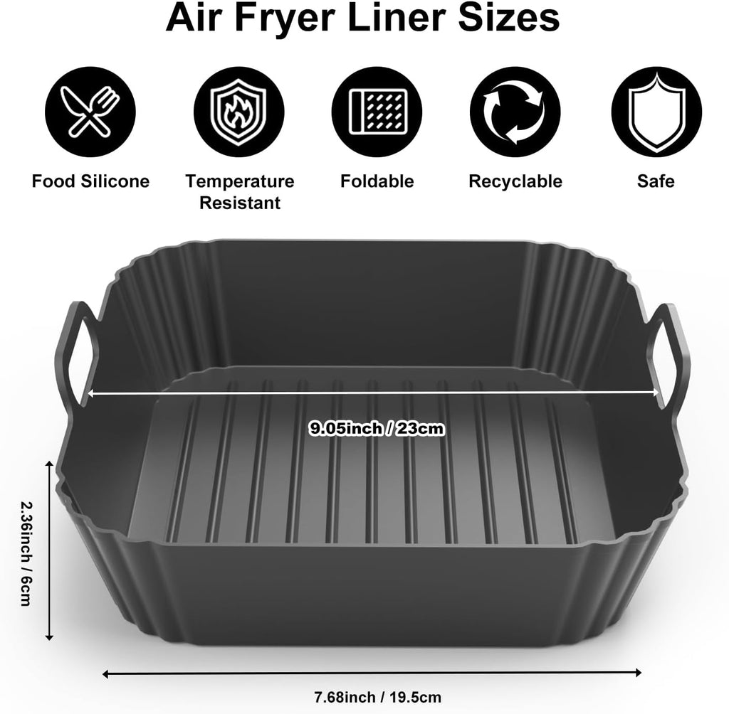 9-Inch Square Silicone Liners for Large Air Fryer 2Pack, 6 to 8.5QT Silicone Pot Baking Accessories for Chefman COSORI Ninja Instant Pot Vortex XL Cuisinart, Reusable Air Fryer Tray Insert