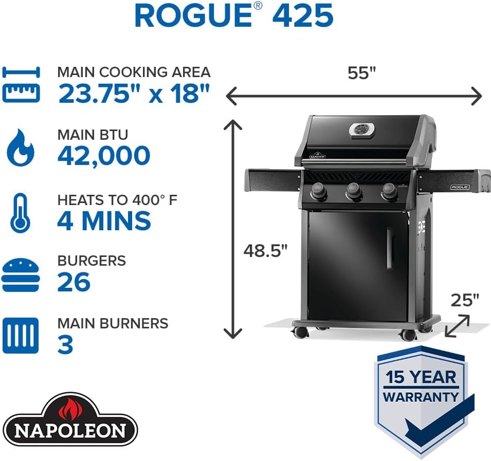 Napoleon Rogue 425 Propane Gas Grill, Black, Durable 3-Burner BBQ