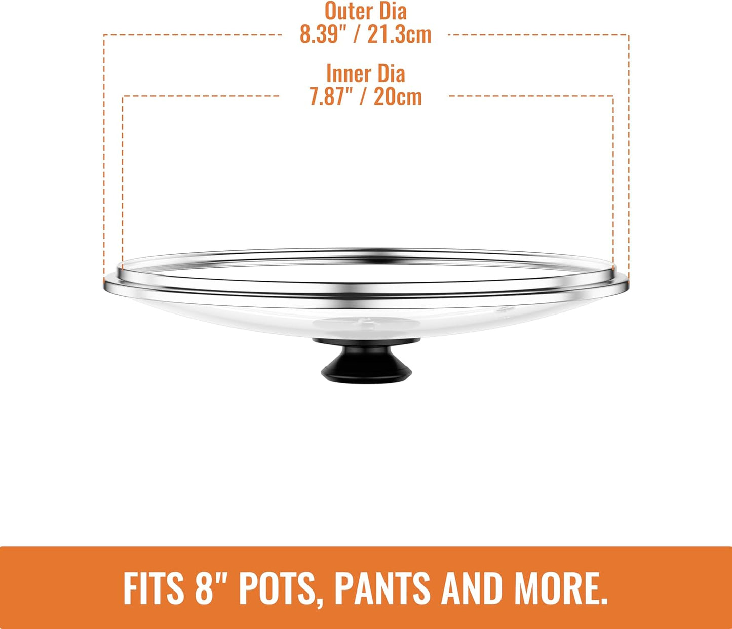 8 Inch Pan Lid For Pots Pans and Skillets, Cast Iron Skillet Lid, Tempered Glass Pan Lids Replacement, Pot Covers for Cooking, Wok, Crock Pot Lid with Stainless Steel Rim, Frying Pot Lids Only