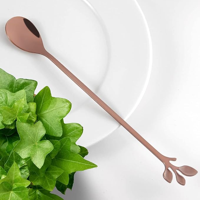 AnSaw 6-Piece Elegant Rose Gold Leaf Long Handle Teaspoons - Image 3