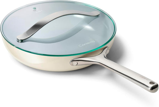 Caraway Nonstick Ceramic Frying Pan With Glass Lid (2.7 qt, 10.5") - Non Toxic, PTFE & PFOA Free - Oven Safe & Compatible with All Stovetops (Gas, Electric & Induction) - Cream