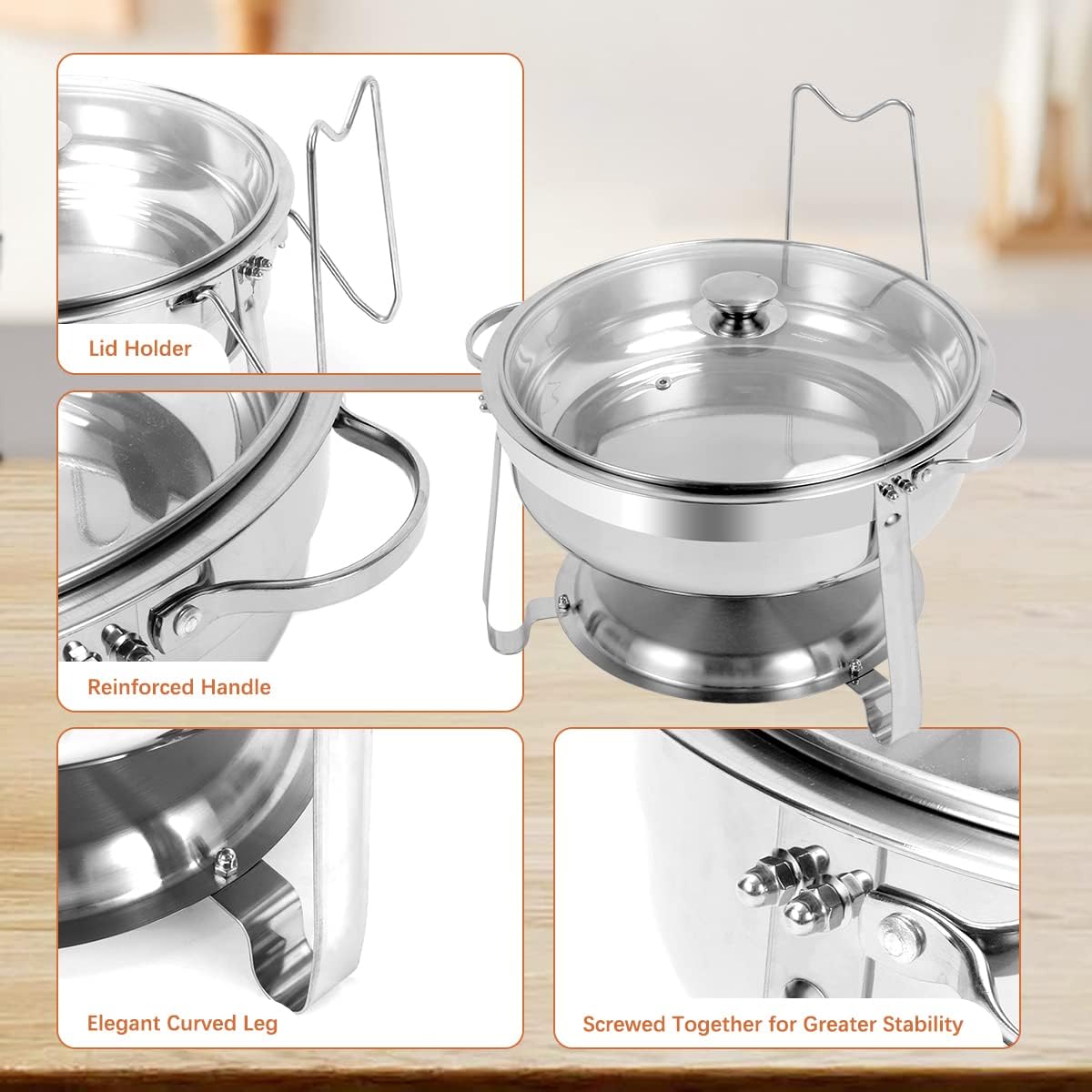 6 Packs Round Chafing Dish Buffet Set, 4 QT Stainless Steel Chafing Dishes with Glass Lid & Lid Holder, Catering Food Warmers for Parties Buffet Weddings Events