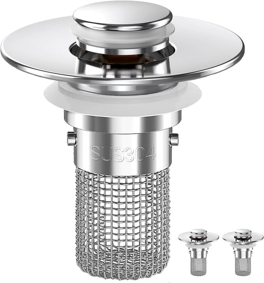 2PCS Sink Stopper Hair Catcher, Pop-up Sink Drain Strainer with Removable Stainless Steel Strainer Basket Hair Catcher, Bathroom Sink Strainer for Bathroom Sink Stopper Replacement.