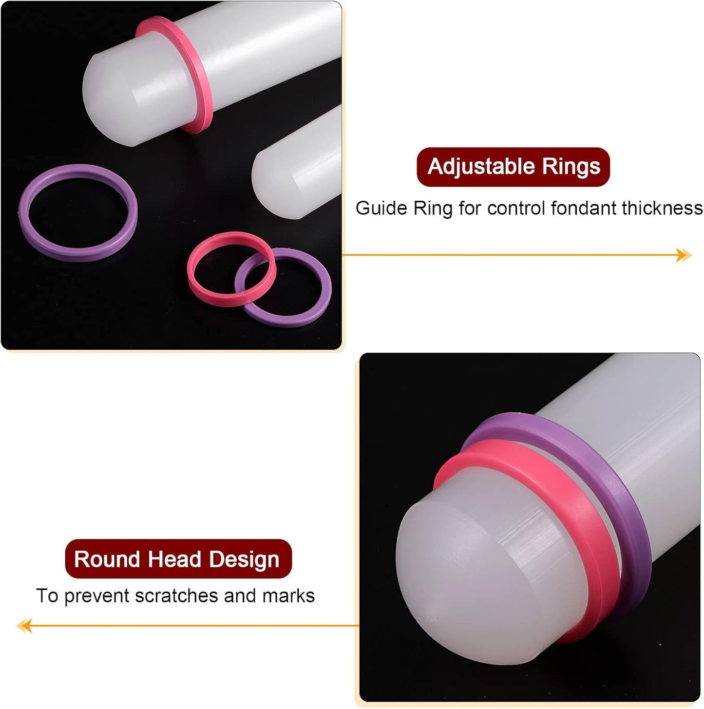 HARFINGTON Fondant Rolling Pin 9 Inch x 0.98 Inch Adjustable Guide Rings Non-Stick PP Plastic Fondant Roller Dough Roller Kitchen Decorating Tools for Cookie Pastry Pizza Clay