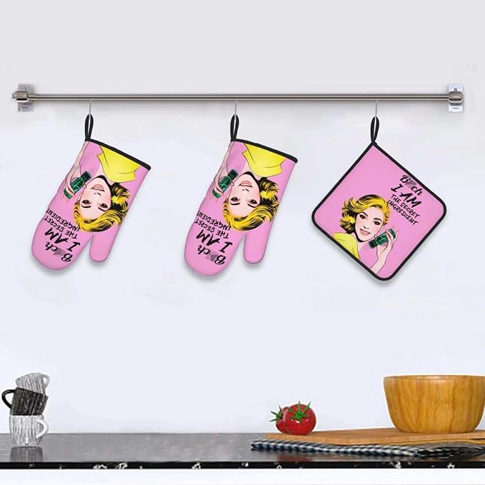 Cute Pink Oven Mitts and Pot Holders Set of 3, Heat Resistant Non-Slip Funny - Image 2