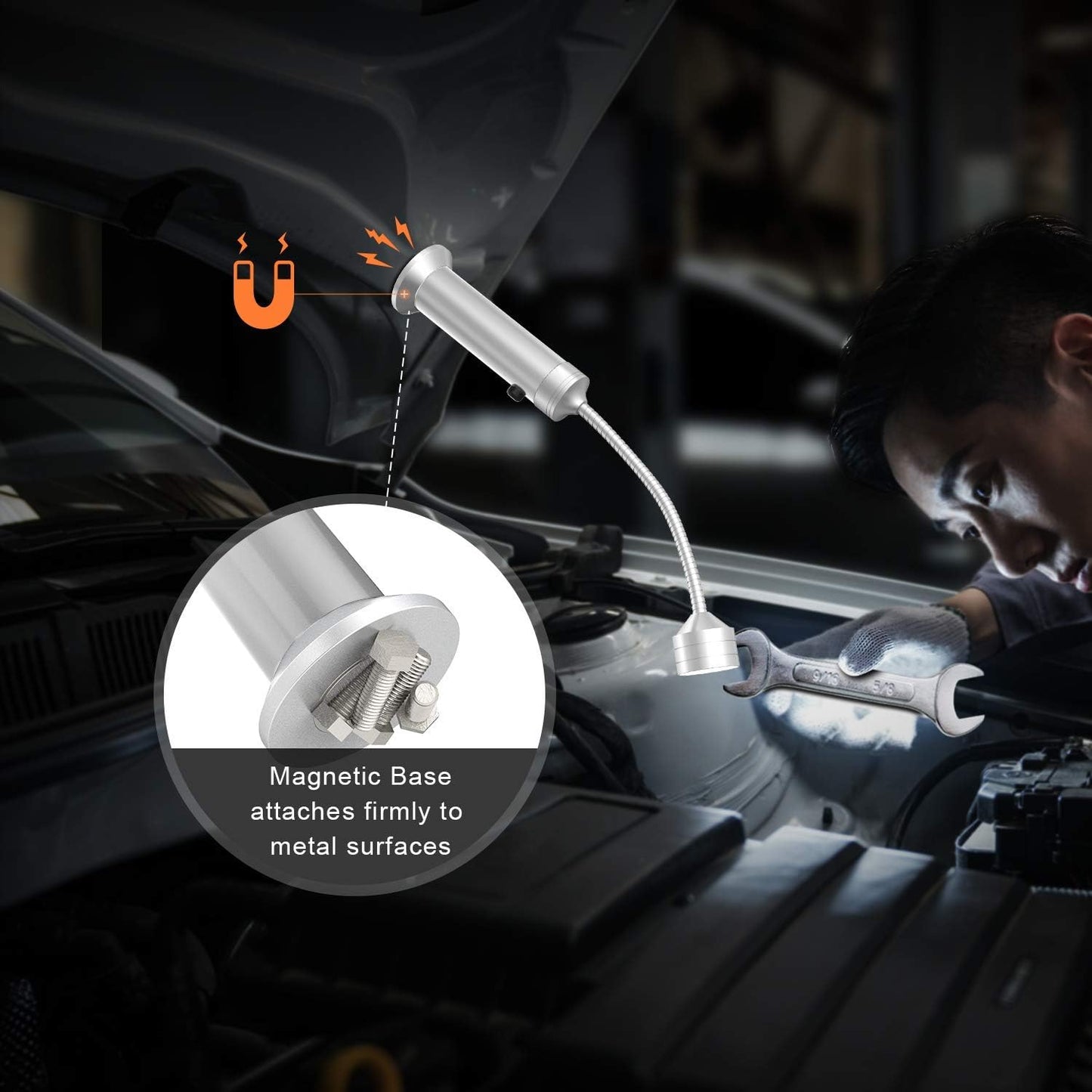 Barbecue Grill Light Grilling Accessories for Outdoor, BBQ Magnetic LED Lights Flexible Gooseneck Weather Resistant, Men Dad Gifts Batteries Included 2 Pack (Silver)