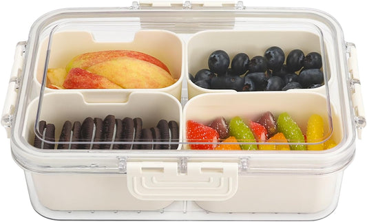 4 Compartment Snack Box Container Tray, Divided Serving Tray with Lid, Mini Small Snackle Box, Portable Charcuterie Container for Party, Picnic, Travel, Food Platter for Snack, Fruits, Veggies