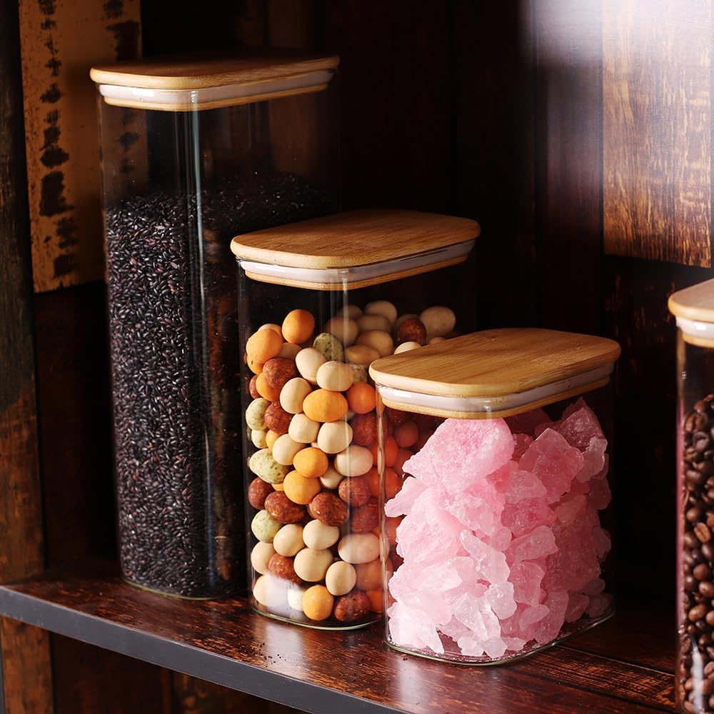 Glass Food Storage Containers with Lids 50 OZ, Set of 4 Canisters for Pantry, Cereal, Flour & Rice, Rectangle Jar with Bamboo Airtight Lids - Ideal for Kitchen Organization