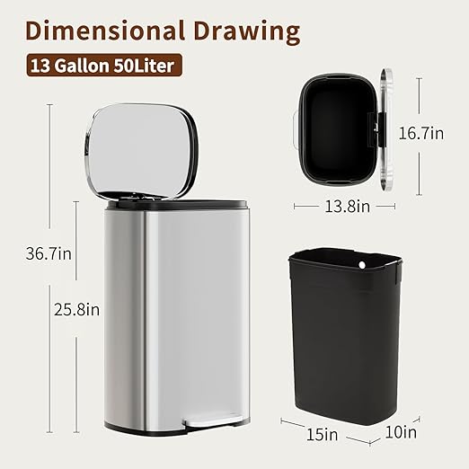 PayLessHere Trash Can with Lid, 13 Gallon Stainless Steel Kitchen & Office - Image 7