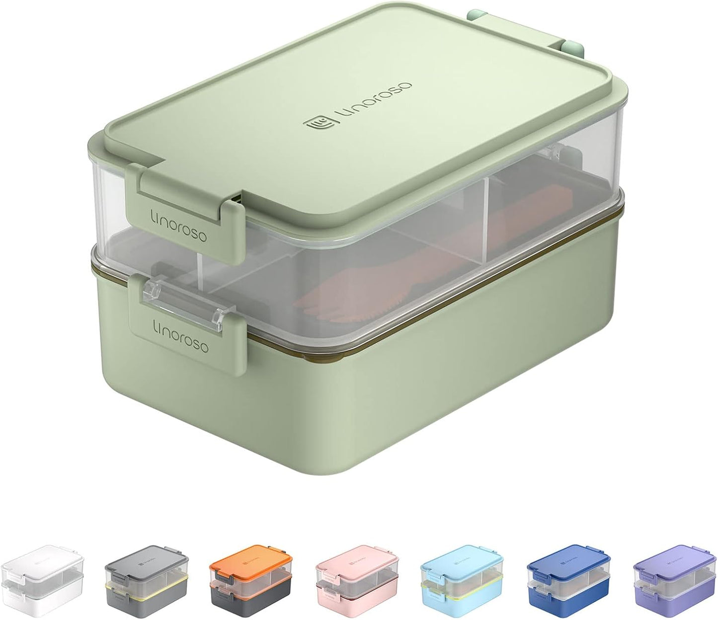 linoroso Stackable Bento Box Adult Lunch Box | Meet All You On-the-Go Needs for Food, Salad, and Snack Box, Premium Bento Lunch Box for Adults Include Utensil Set, Dressing Containers - Pale Mint