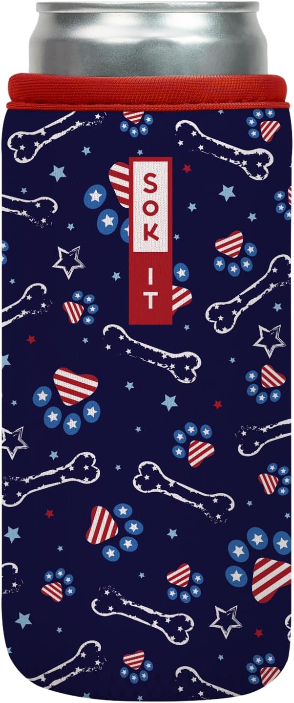 Sok It CanSok Sleeve for Beer & Soda Insulated Neoprene Cover (Patriotic Paws, 12oz Slim Can Sleeve)