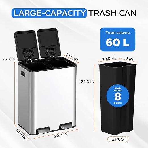 PayLessHere Trash Can, 16 Gallon 60 Liter Rectangular Trash Cans Stainless - Image 7