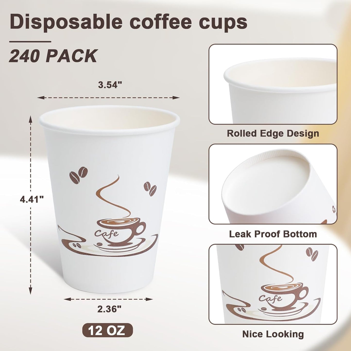 Lamosi 240 Pack 12 OZ Coffee Cups, Disposable Paper Cups for Hot/Cold Beverage, Leak-Free Paper Coffee Cups for Cafe, Restaurant, Office and Home