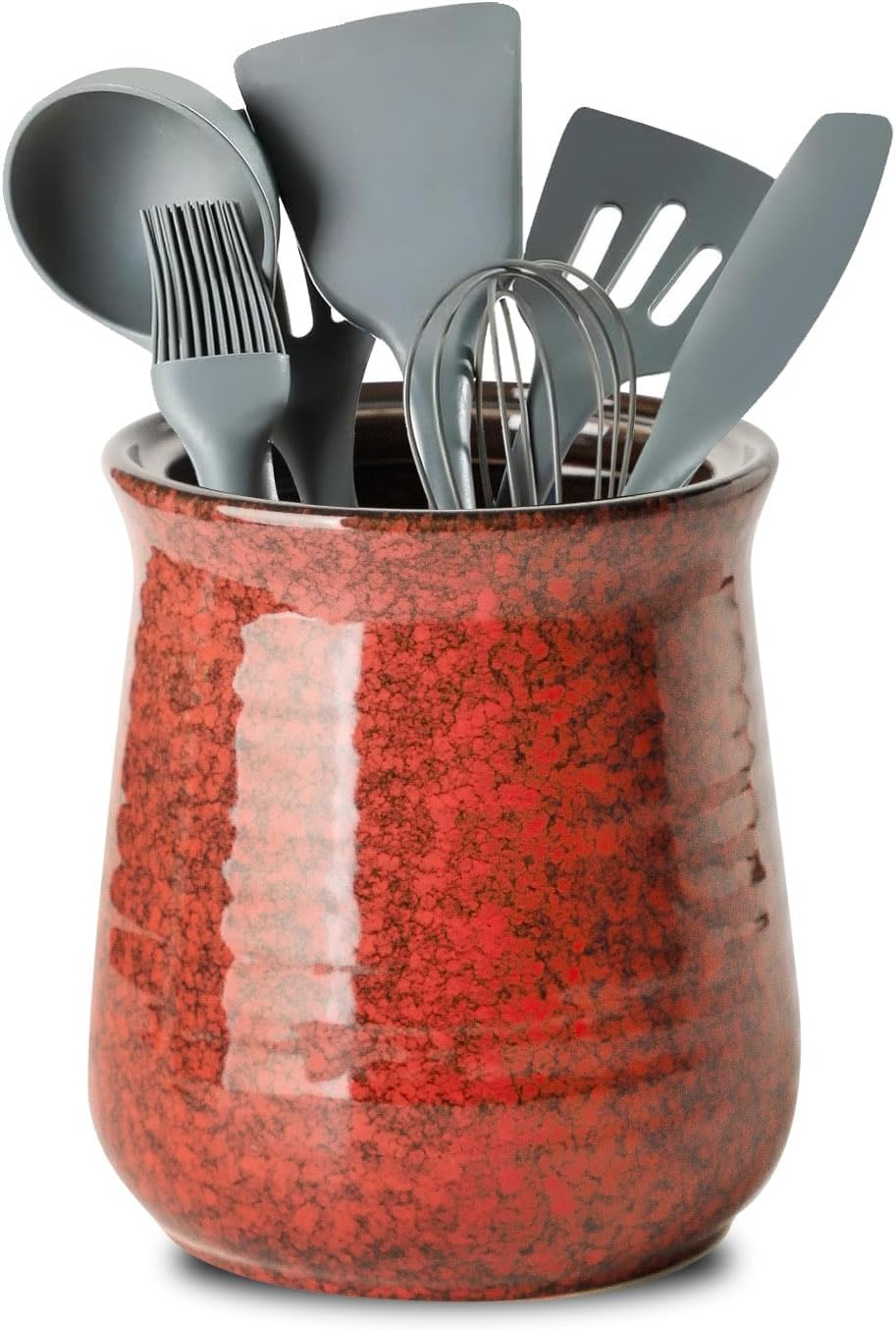 Hasense Kitchen Utensil Holder for Countertop, 7.1” Large Ceramic Utensil Crock, Utensil Caddy, Utensil Organizer and Rustic Table Decor for Spatulas, Red