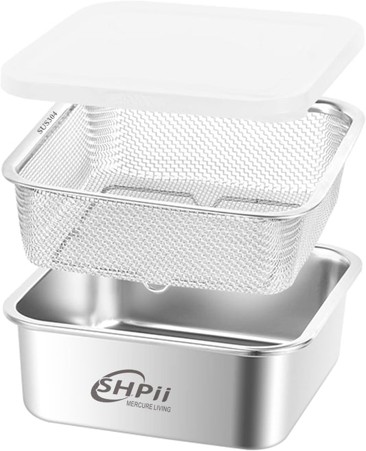 Square Colander Set, 304 Stainless Steel with PE Lid, Storage Container, Tofu Drainer, Back of House Preparation, Washing and Drainage Tools, Refrigerator Storage, Picnic Party (2000ML)