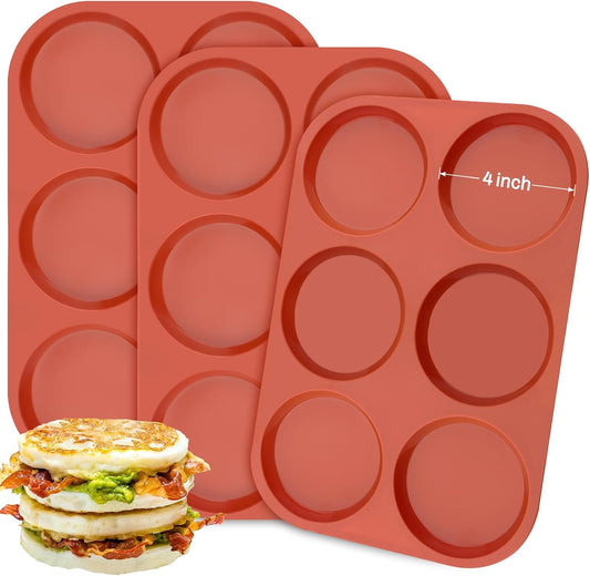 Ocmoiy 4 Inch Silicone Egg Mold for Breakfast Sandwiches, 3 Pack Non-Stick Silicone Jumbo Muffin Top/Hamburger Bun Pan Eggs Bites Molds for Oven Baking Egg Patty, Pancake, Frittata