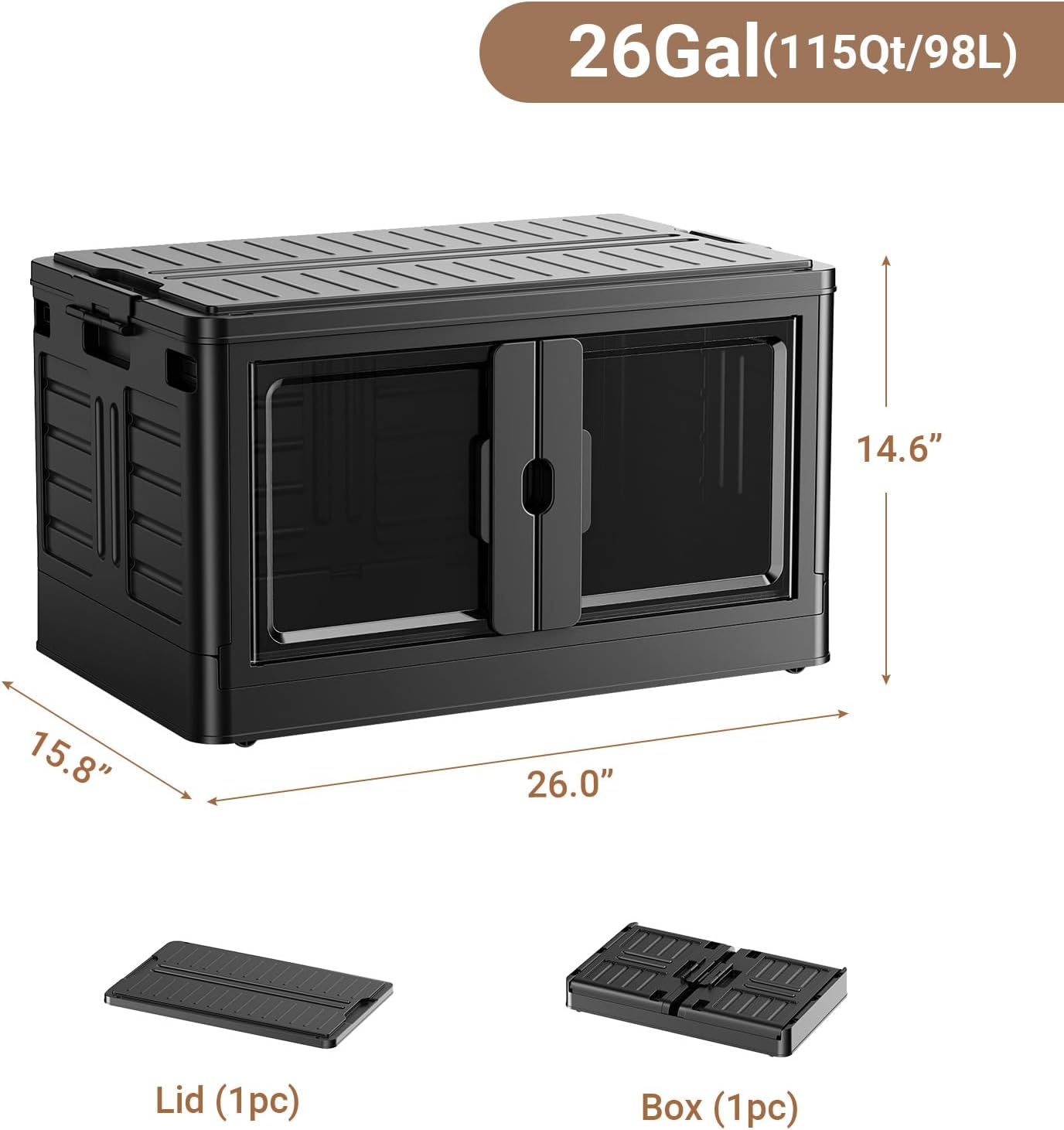 115Qt Stackable Storage Bins with Individual Lids & Wheels, Large Plastic Collapsible Latching Boxes Closet Organizers and Storage Cabinet Shelves Units for Home Kitchen Dorm, 1-Pack Black