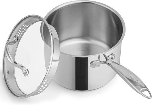 3 Qt Stainless Steel Saucepan with Glass Strainer Lid, 3 Quart Pot Stainless Steel Sauce Pan with Pour Spout, Mirror Polishing, Compatible with All Cooktops Dishwasher Safe Oven Safe