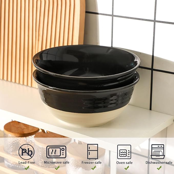 HASENSE Large Porcelain Serving Bowls Set of 2, 60 Oz 8.5 Inch Black & Beige - Image 4