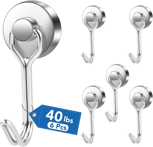 LOVIMAG Hooks, 40lbs+ Magnetic Magnet Hook 2025 Cruise Cabin Ship Essentials Heavy Duty Strong Refrigerator Fridge Hanging for Classroom Beach Vacation Kitchen Grills Home Mug Hanger (6 Pack), Silver